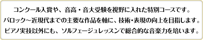 コンクール入賞や、音高・音大受験を視野に入れた特別コースです。バロック～近現代までの主要な作品を軸に、技術・表現の向上を目指します。ピアノ実技以外にも、ソルフェージュレッスンで総合的な音楽力を培います。