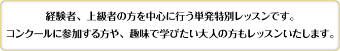 経験者、上級者の方を中心に行う単発特別レッスンです。コンクールに参加する方や、趣味で学びたい大人の方もレッスンいたします。